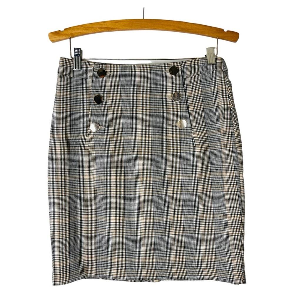 H&M black white tan plaid button sailor preppy stretchy pencil midi skirt 6
